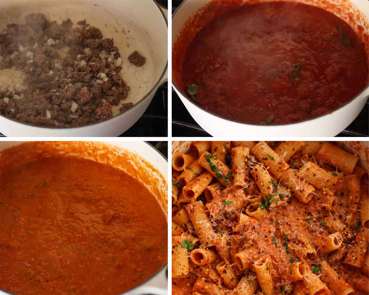 collage with four process shots showing how to make rigatoni. 