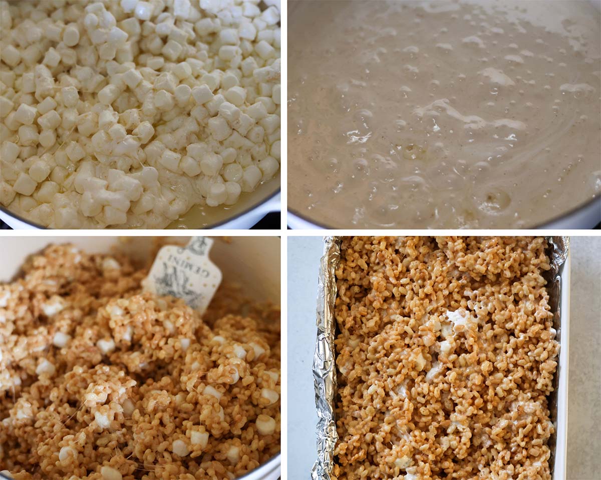 four photo collage showing how to make rice krispies. 