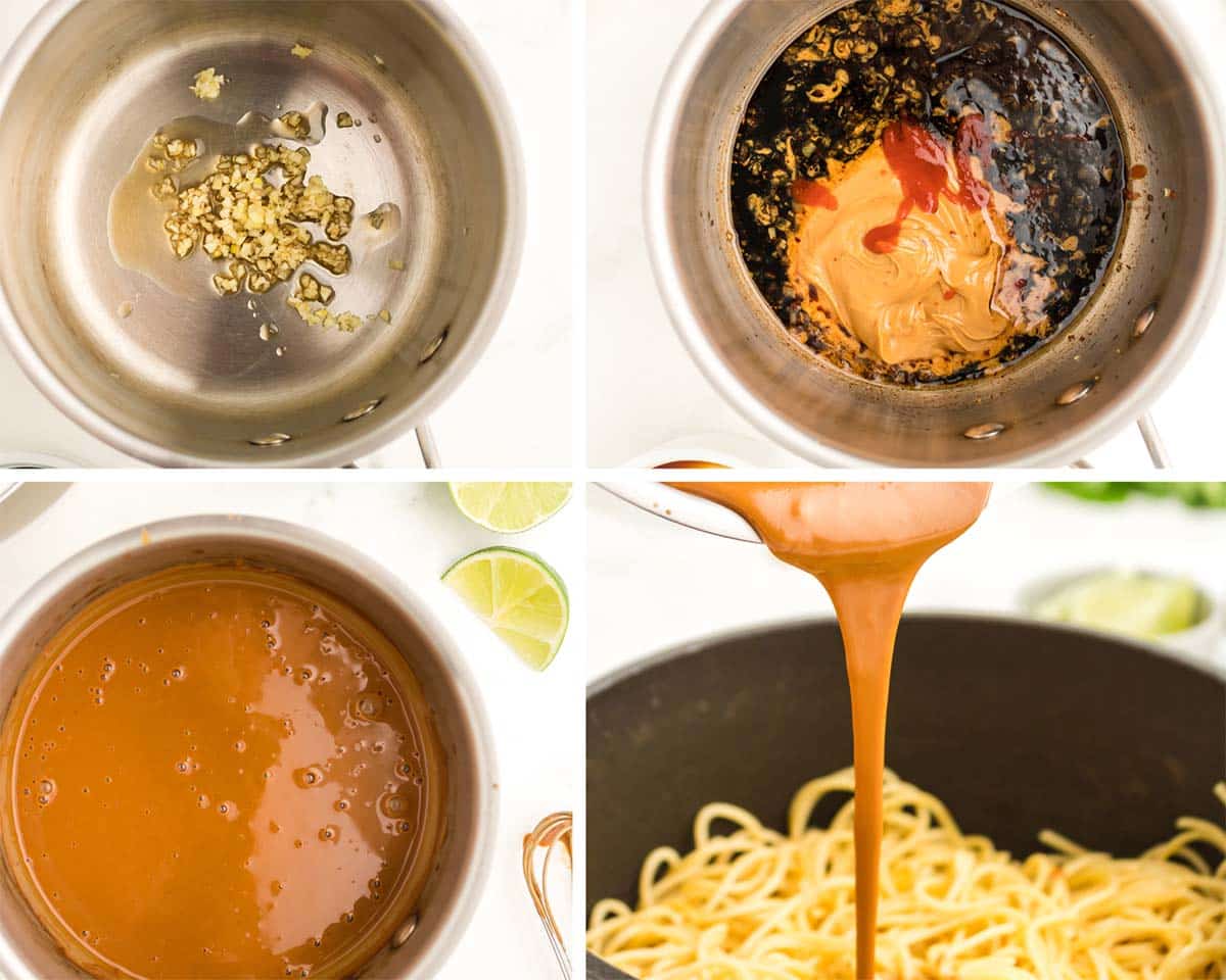 four photo collage showing how to make spicy peanut noodles. 