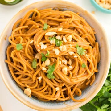 Spicy peanut noodles in a bowl.