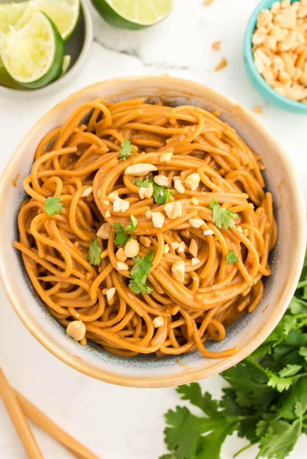 Spicy peanut noodles in a bowl.