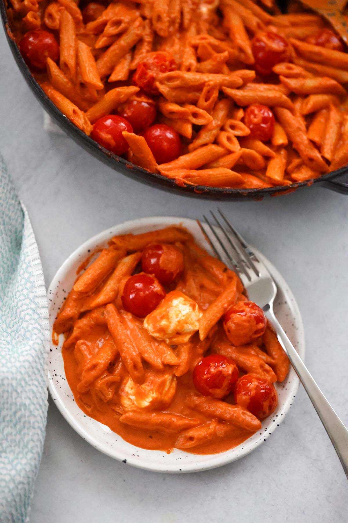 spicy penne alla vodka with tomatoes and mozzarella on a plate. 