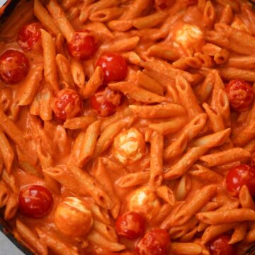 spicy penne alla vodka in a skillet.