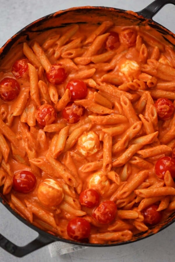 spicy penne alla vodka in a skillet.