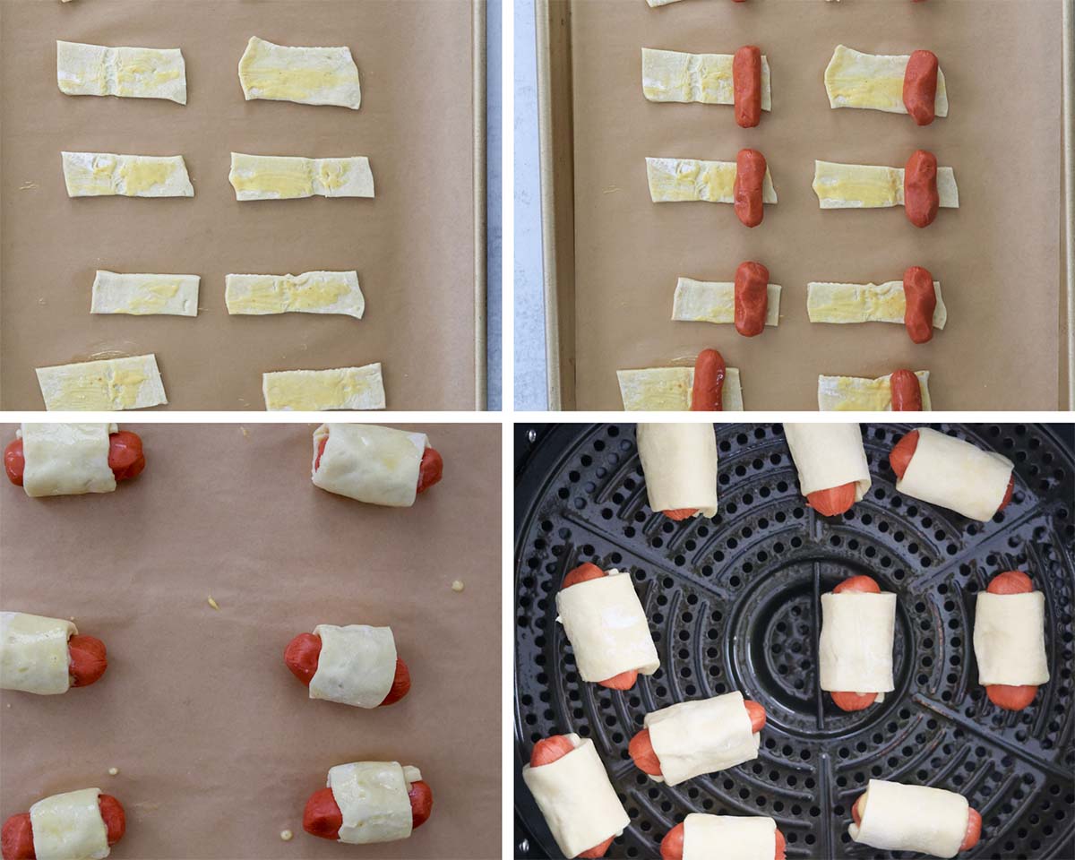 four photo collage showing how to prepare and air fry pigs in a blanket. 