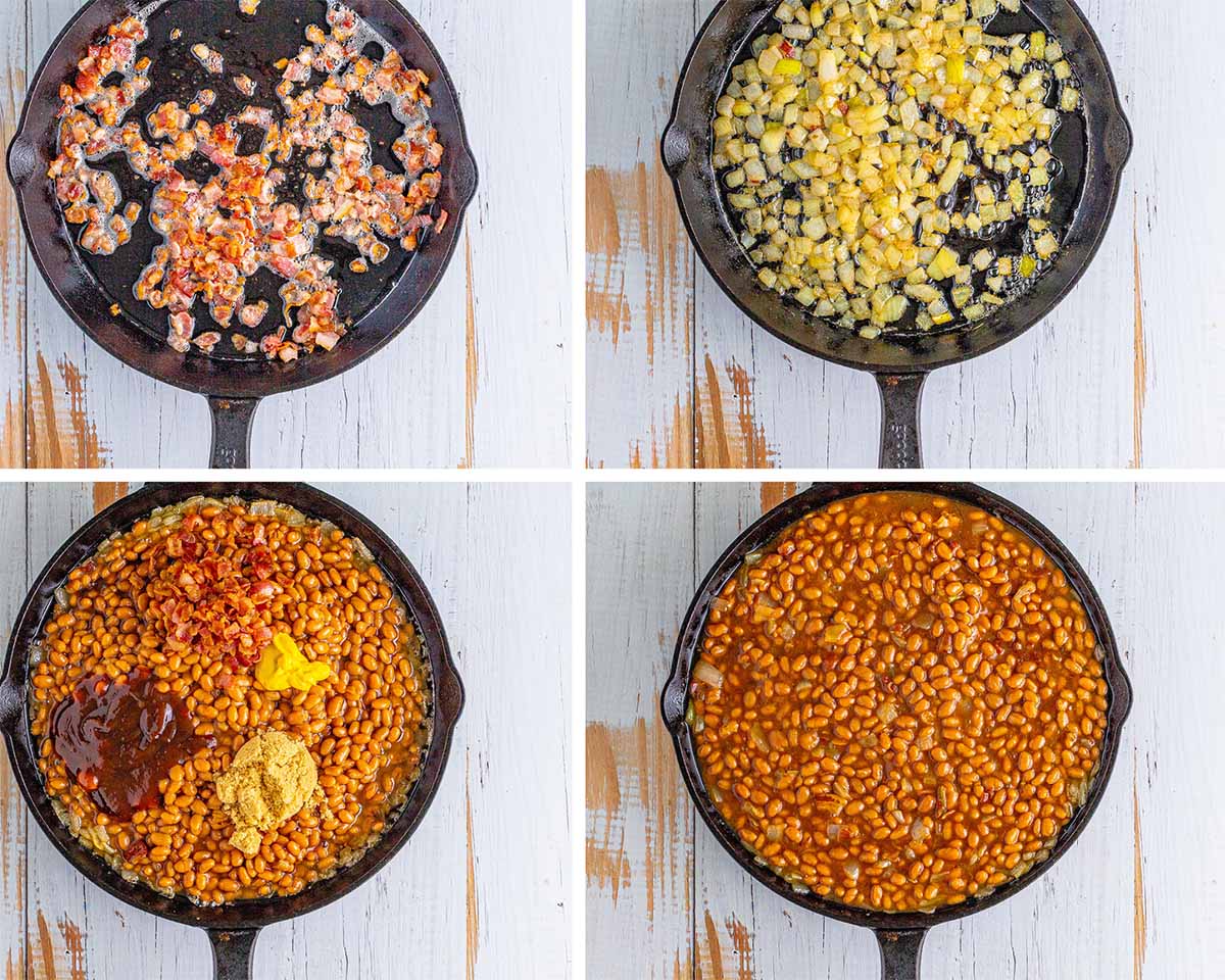 Four photo collage showing how to make baked beans. 