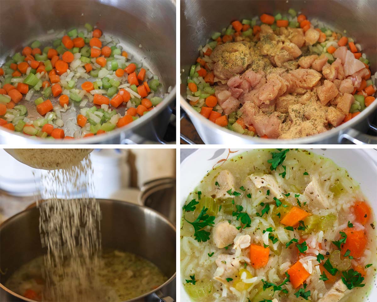 four photo collage showing how to make chicken and rice soup. 