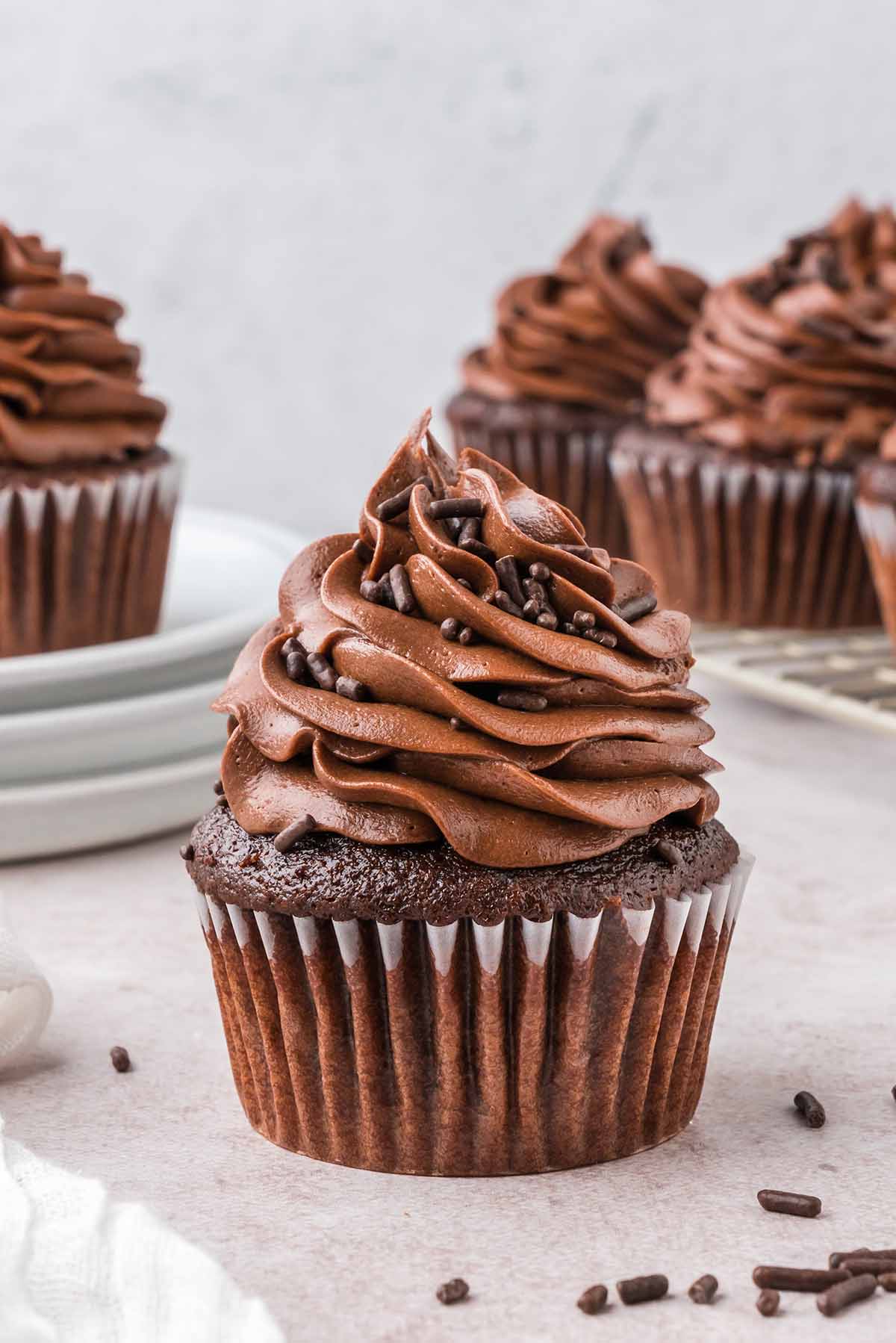a chocolate cupcake with chocolate frosting and chocolate sprinkles up close. 