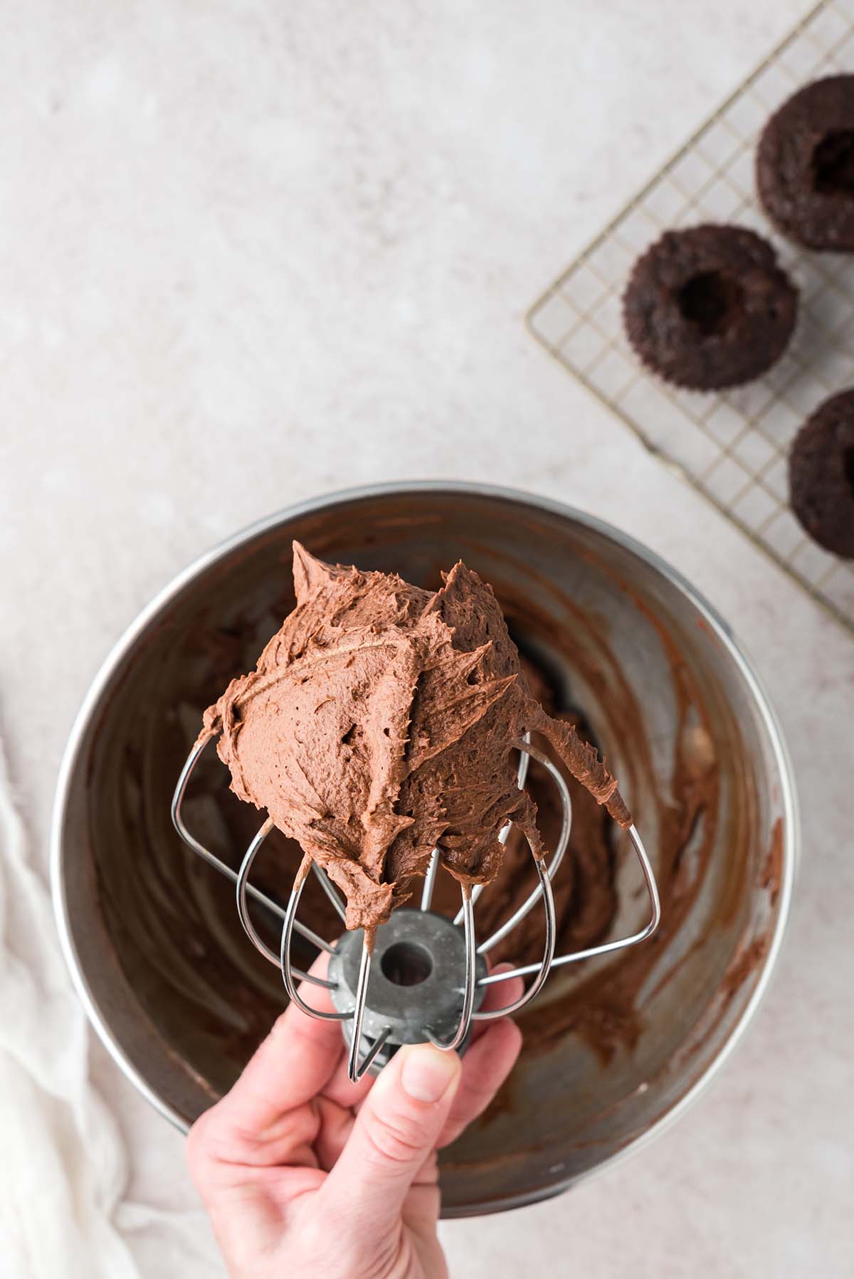 chocolate buttercream in a mixing bowl. 