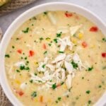 crab and corn bisque in a bowl.
