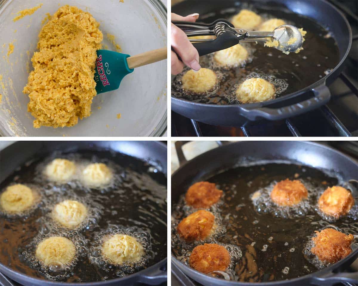 four photo collage showing how to make and fry hush puppies. 