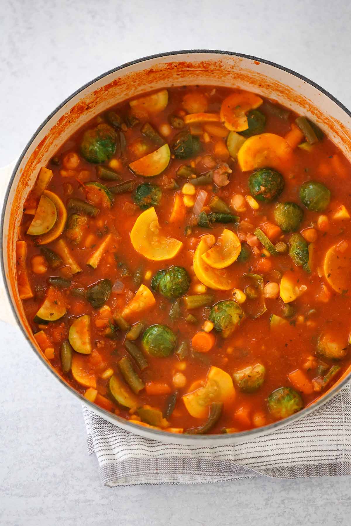 Vegetable soup in a large pot. 