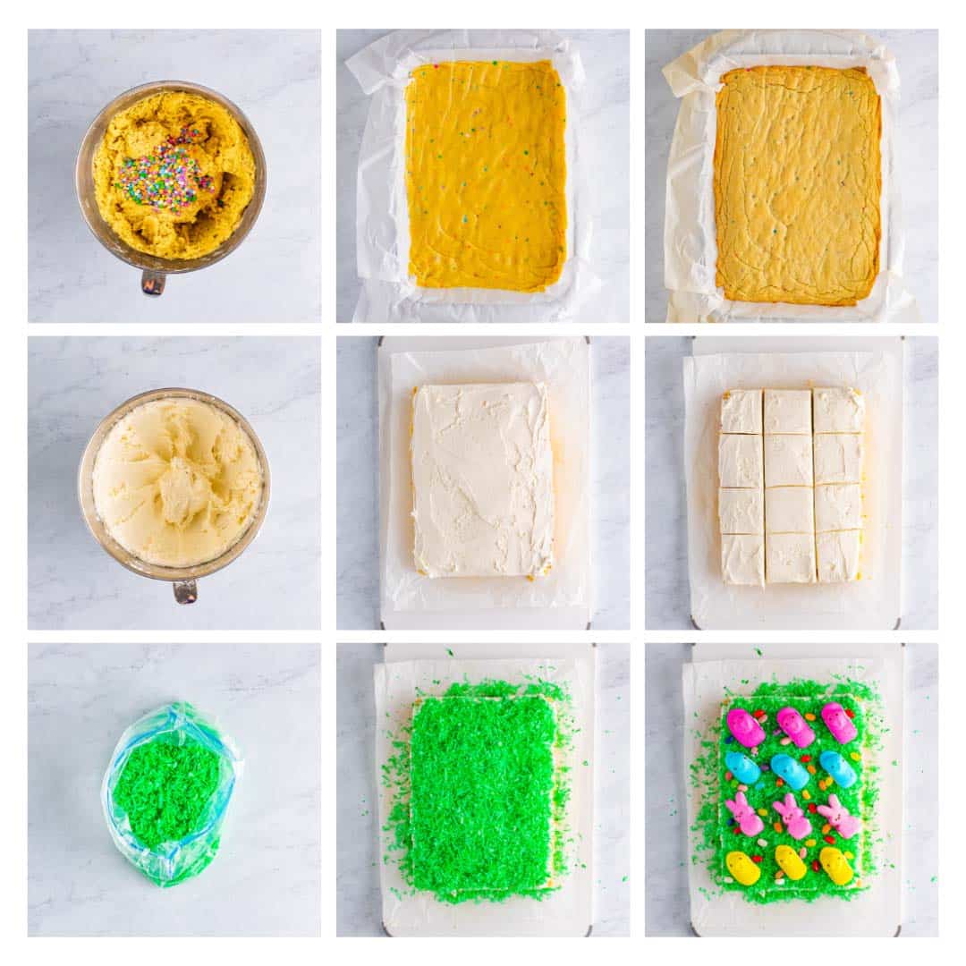 9 photo collage showing how to make sugar cookie bars. 