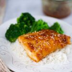 baked honey miso cod fish with rice and broccoli.