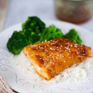 baked honey miso cod fish with rice and broccoli.