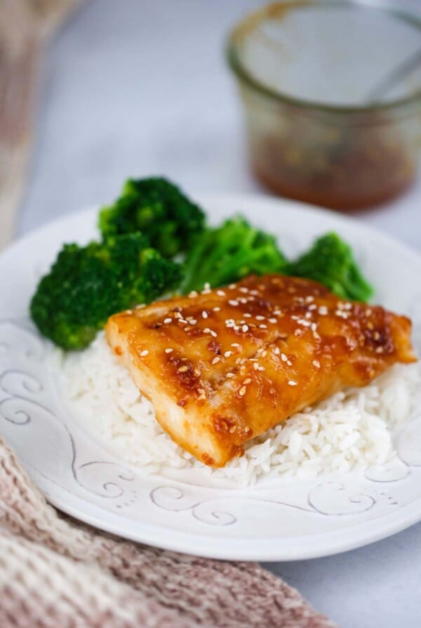 baked honey miso cod fish with rice and broccoli.