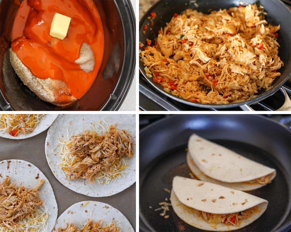 Four photo collage showing how to make buffalo chicken tacos. 