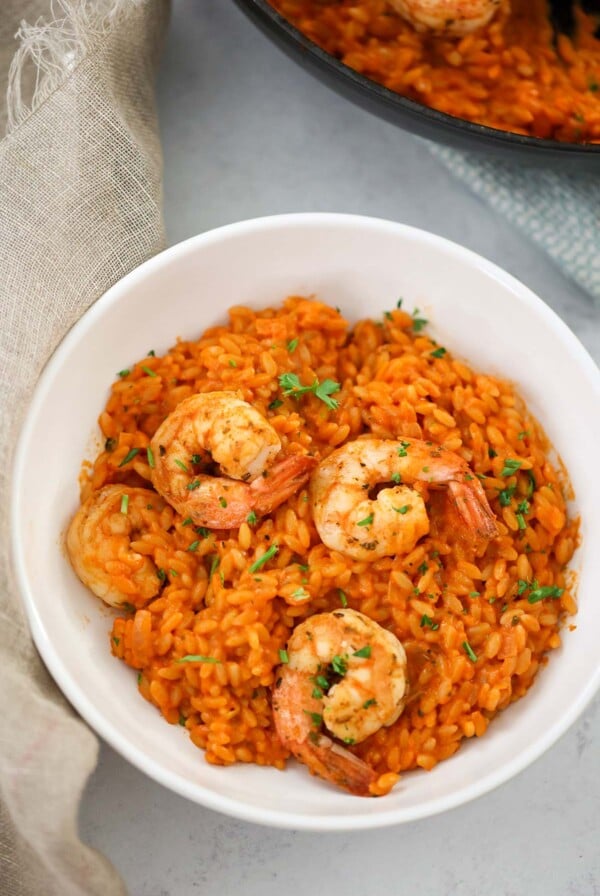 creamy tomato orzo with shrimp in a white bowl.