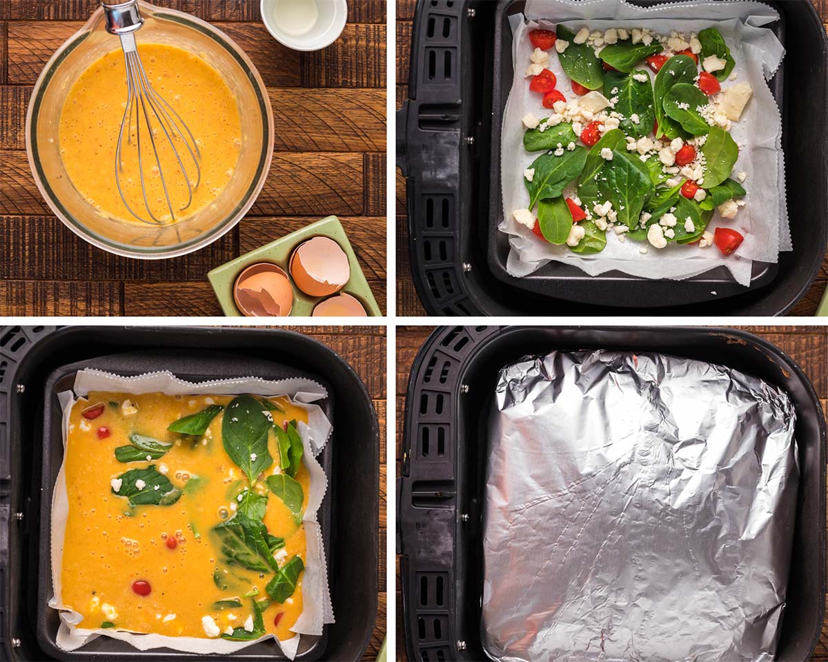 A four photo collage showing how to make a frittata in the air fryer. 