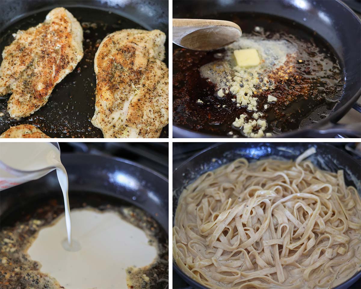 four photo collage showing how to cook chicken, saute garlic, pour cream in skillet, and mix fettuccine with sauce. 