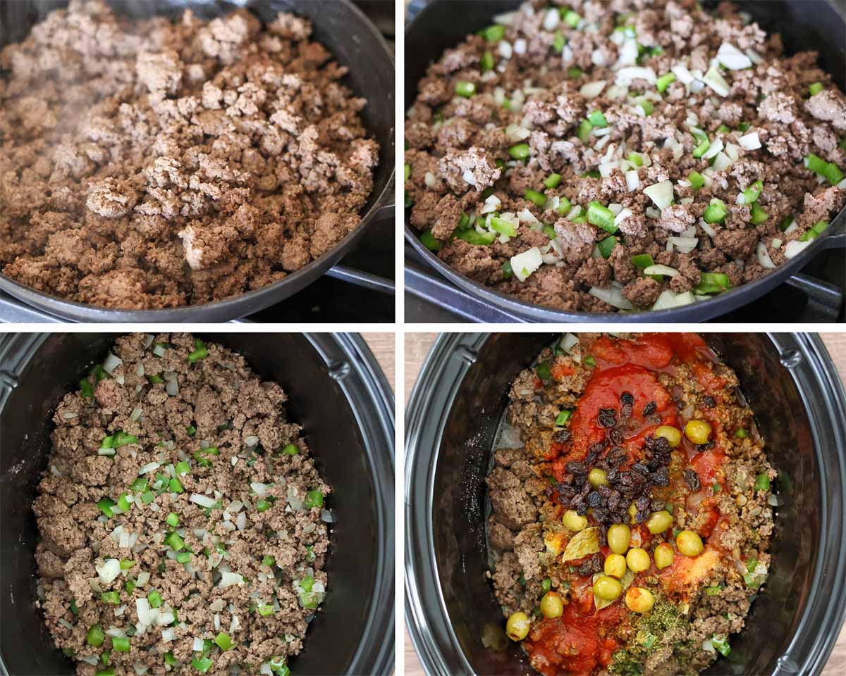 four photo collage showing how to brown the beef on the stove top and then transferring it to crockpot with remaining ingredients. 