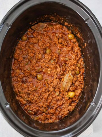 Cooked Cuban picadillo in the crockpot.