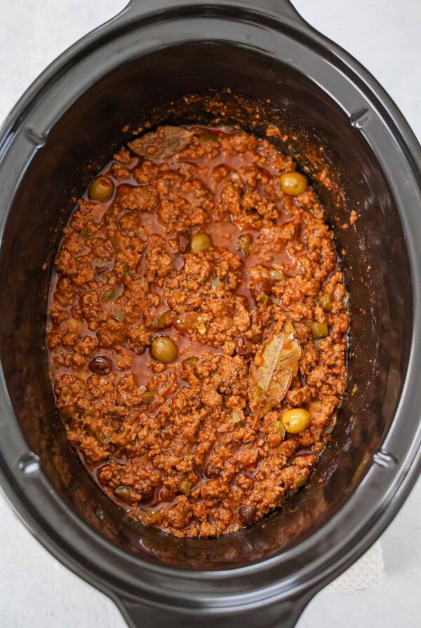 Cooked Cuban picadillo in the crockpot.