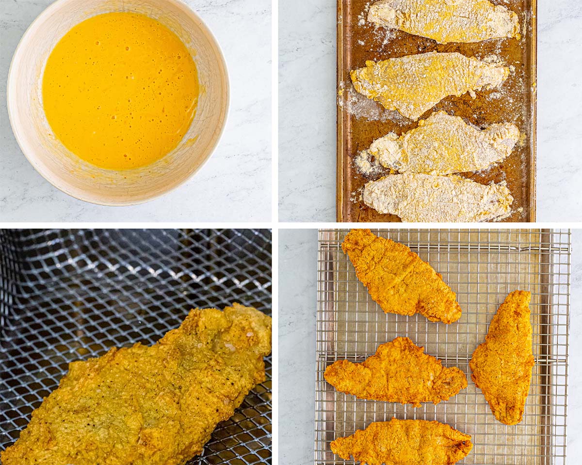 four photo collage showing how to coat catfish with eggs, flour, and how to fry it. 