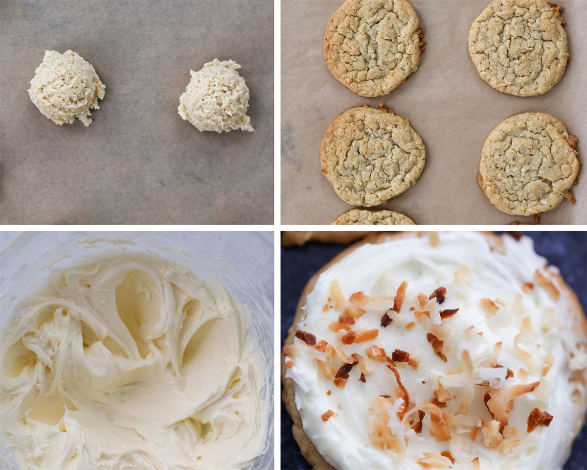 four photos showing how to make coconut cookies with cream cheese frosting. 
