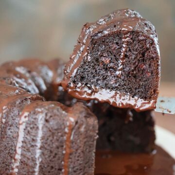 A slice of death by chocolate bundt cake up close.