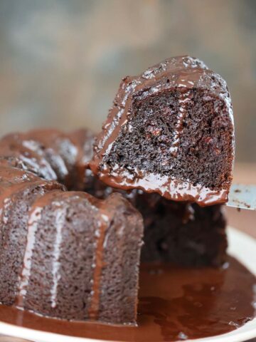 A slice of death by chocolate bundt cake up close.
