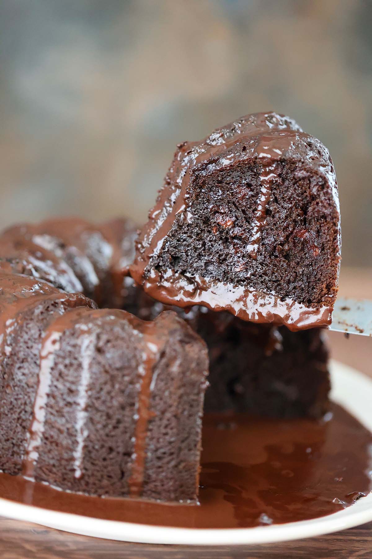 A slice of death by chocolate bundt cake up close. 