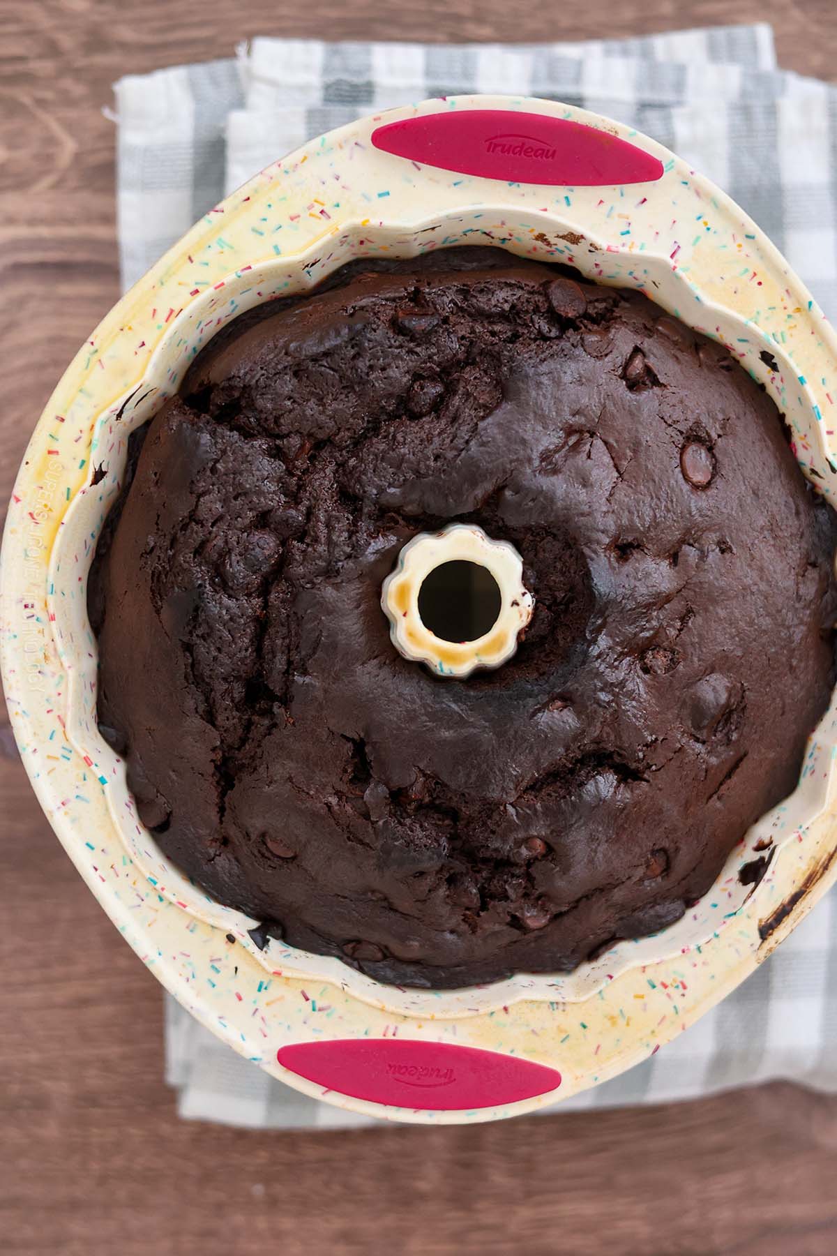 baked chocolate cake in a bundt pan. 