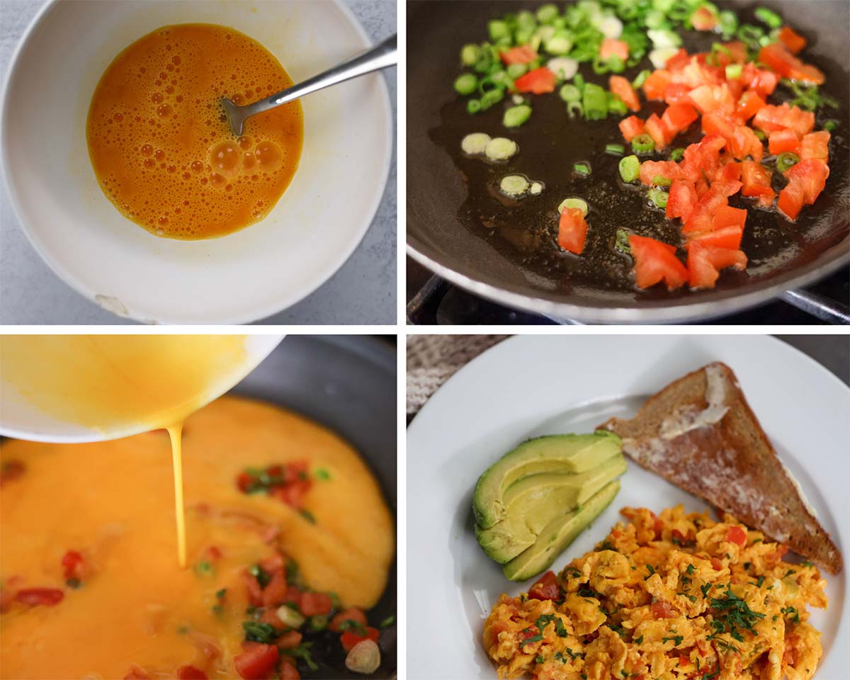 four photos showing how to cook huevos pericos step by step. 