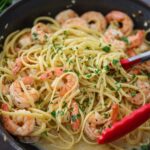 old bay shrimp linguine in a skillet.