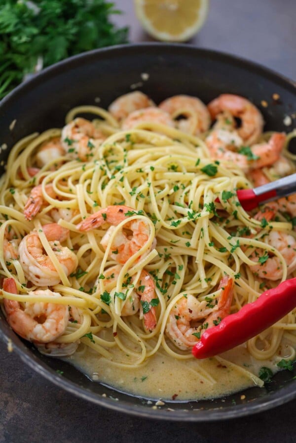 old bay shrimp linguine in a skillet.