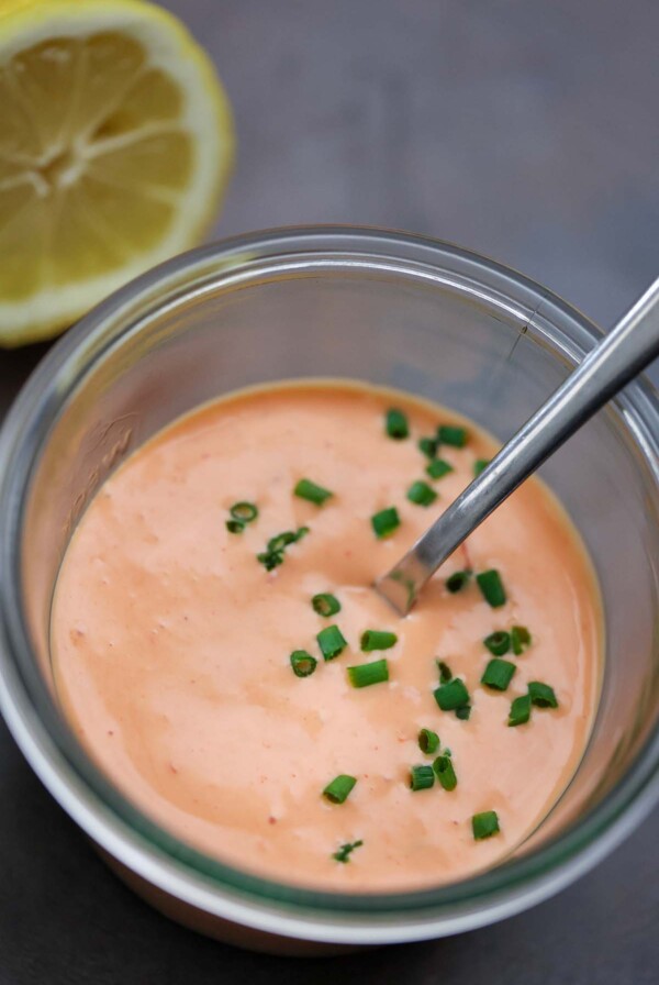 bang bang sauce in a glass jar.