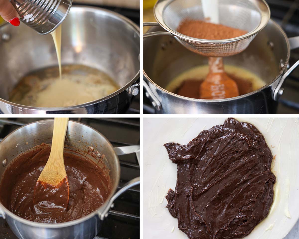 a four photo collage showing how to make brigadeiro. 