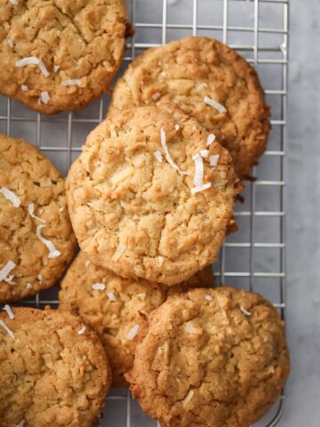 coconut cookies on a wire rack.