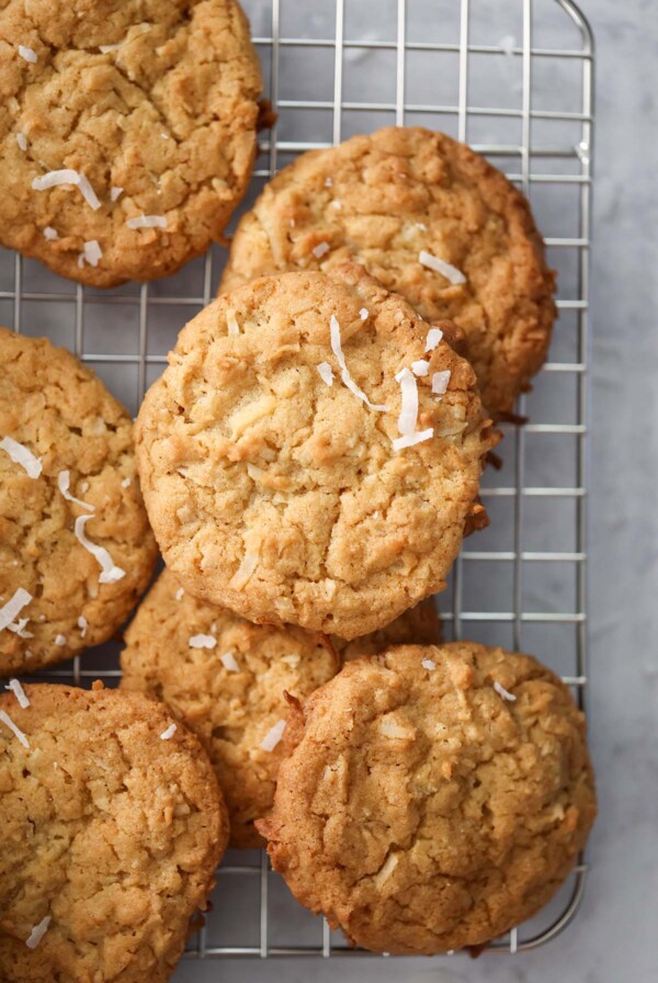 coconut cookies on a wire rack.