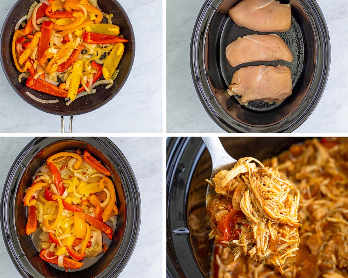 four photo collage showing how to make crockpot shredded chicken tacos. 