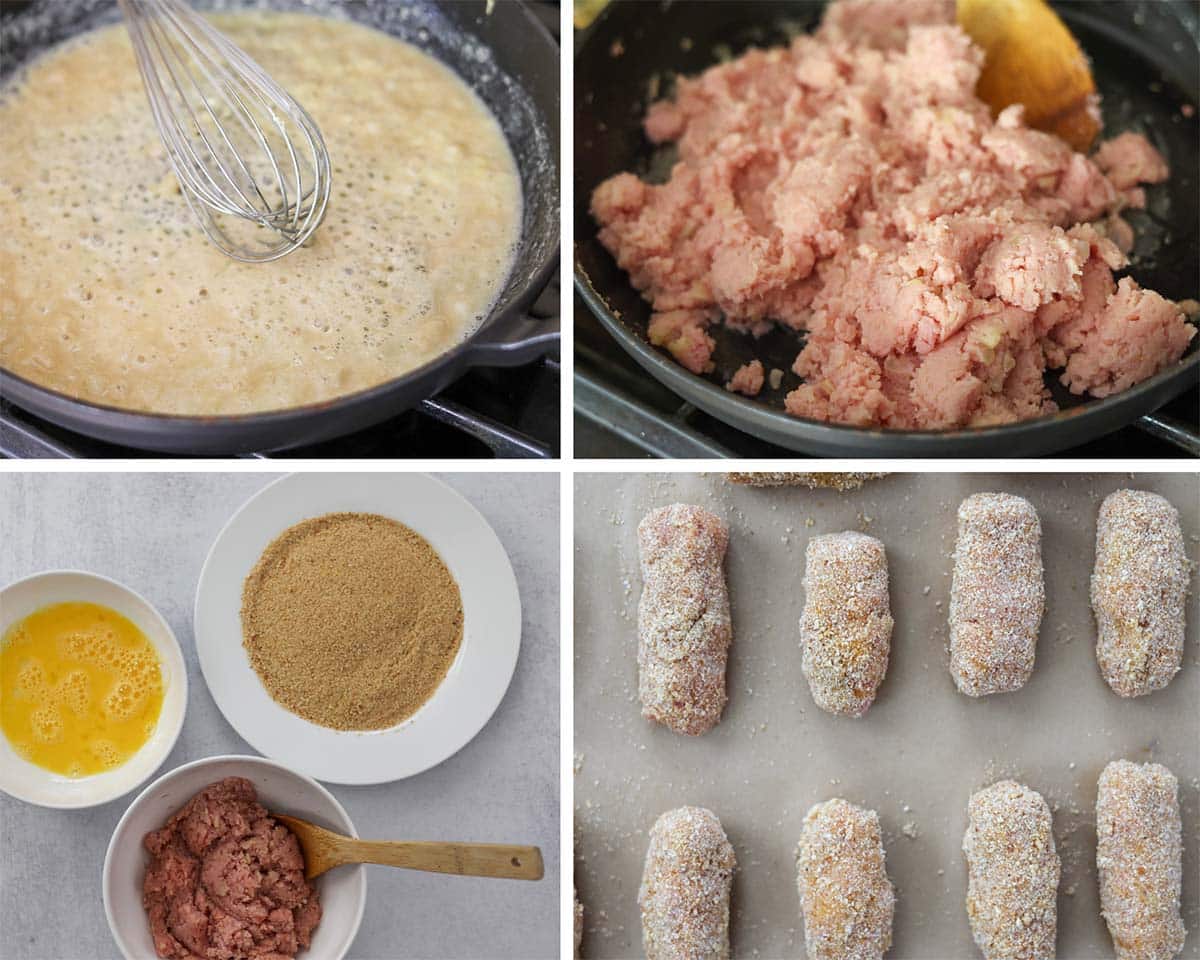four photo collage showing how to make croquetas de jamon. 