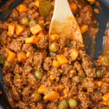 picadillo with sweet potatoes in a skillet.