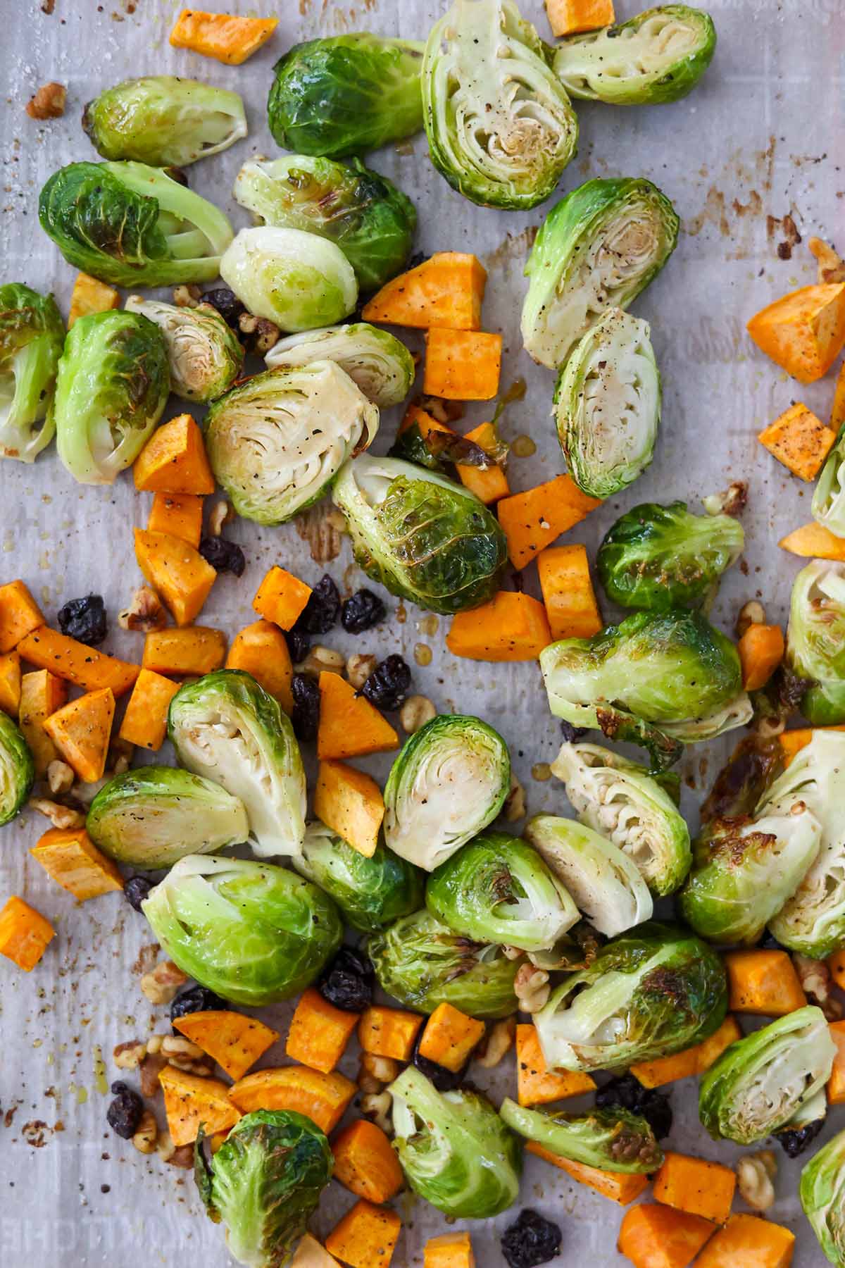 roasted brussel sprouts and sweet potatoes with walnuts and cranberries on a sheet pan. 