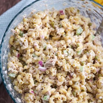 tuna pasta salad in a large glass bowl.