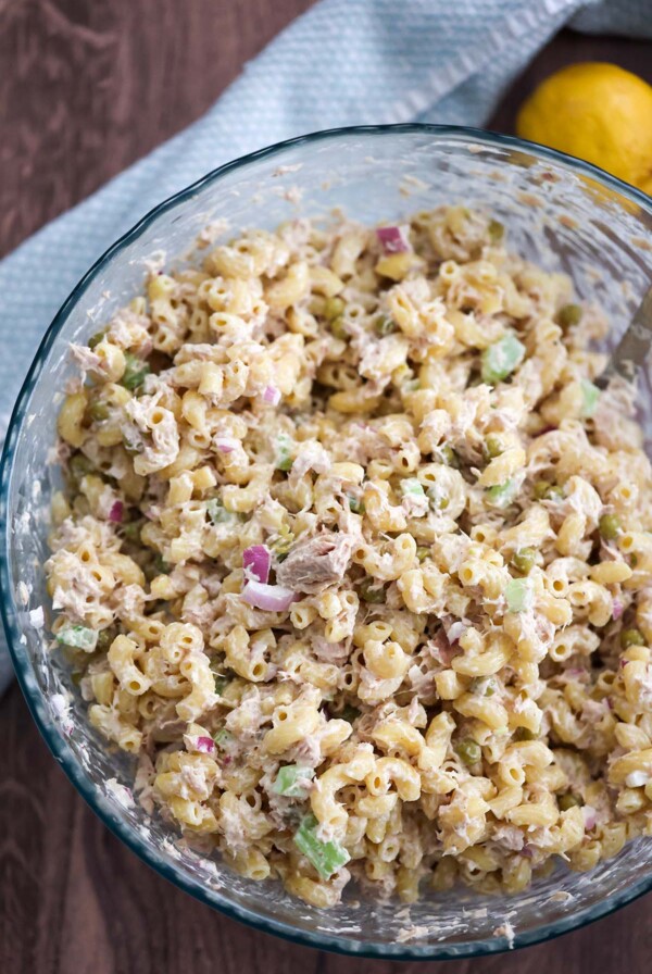 tuna pasta salad in a large glass bowl.