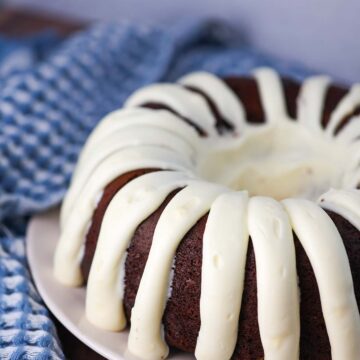 chocolate bundt cake with cream cheese frosting.