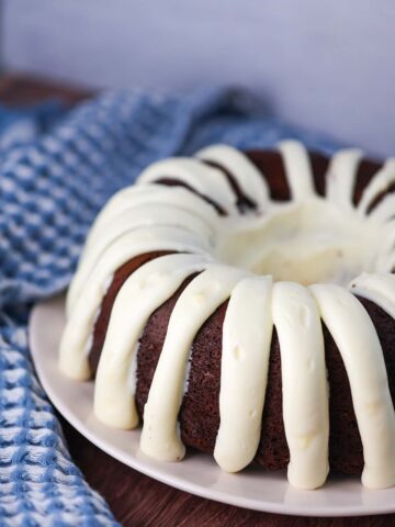 chocolate bundt cake with cream cheese frosting.