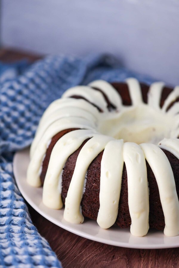 chocolate bundt cake with cream cheese frosting.