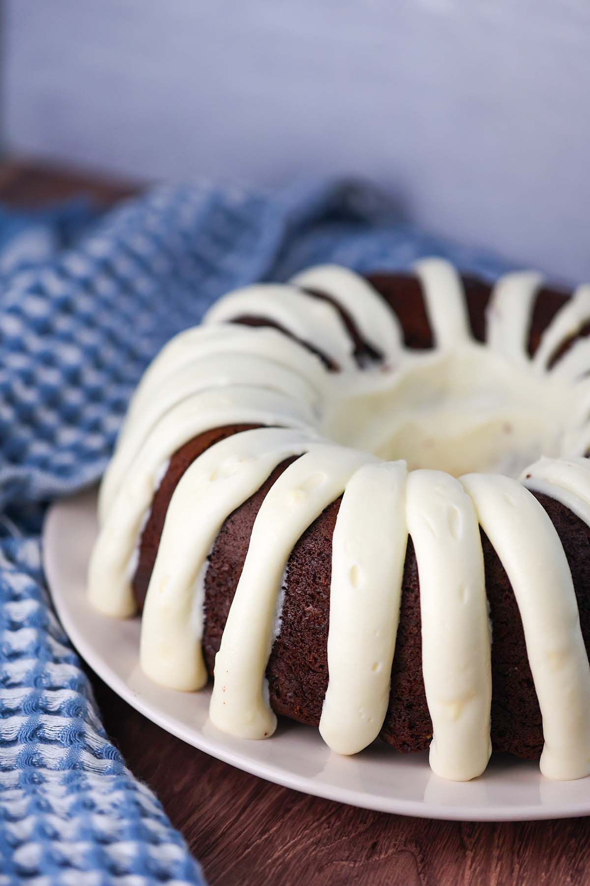 chocolate bundt cake with cream cheese frosting. 